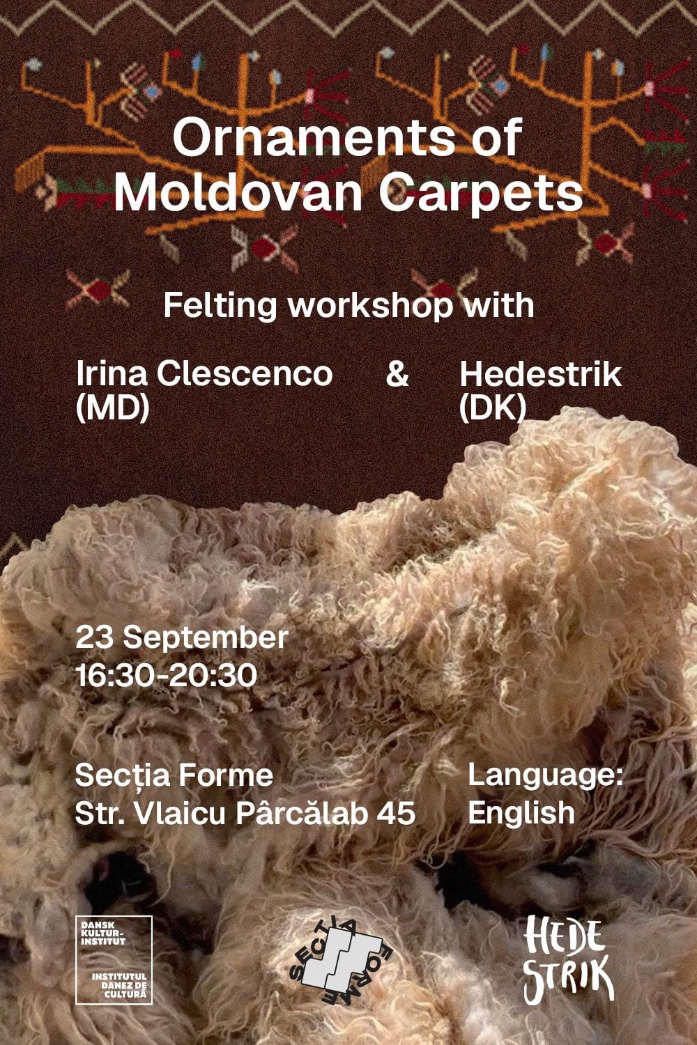 Between the heathland and the steppe: Workshop exploring ornaments of Moldovan carpets through Nordic felting with Irina Clescenco (MD) and Hedestrik (DK)