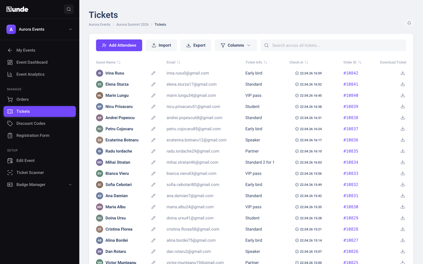 The tickets list in unde CRM: guests with email, ticket type, check-in time and PDF download