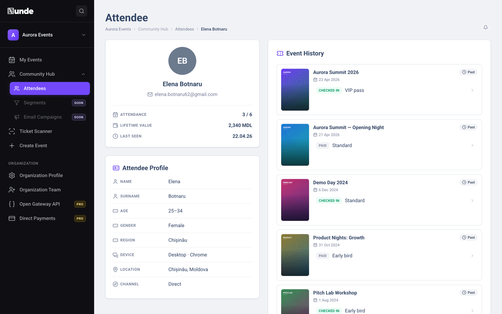 A single attendee in unde CRM: their registration-form answers and their full event history