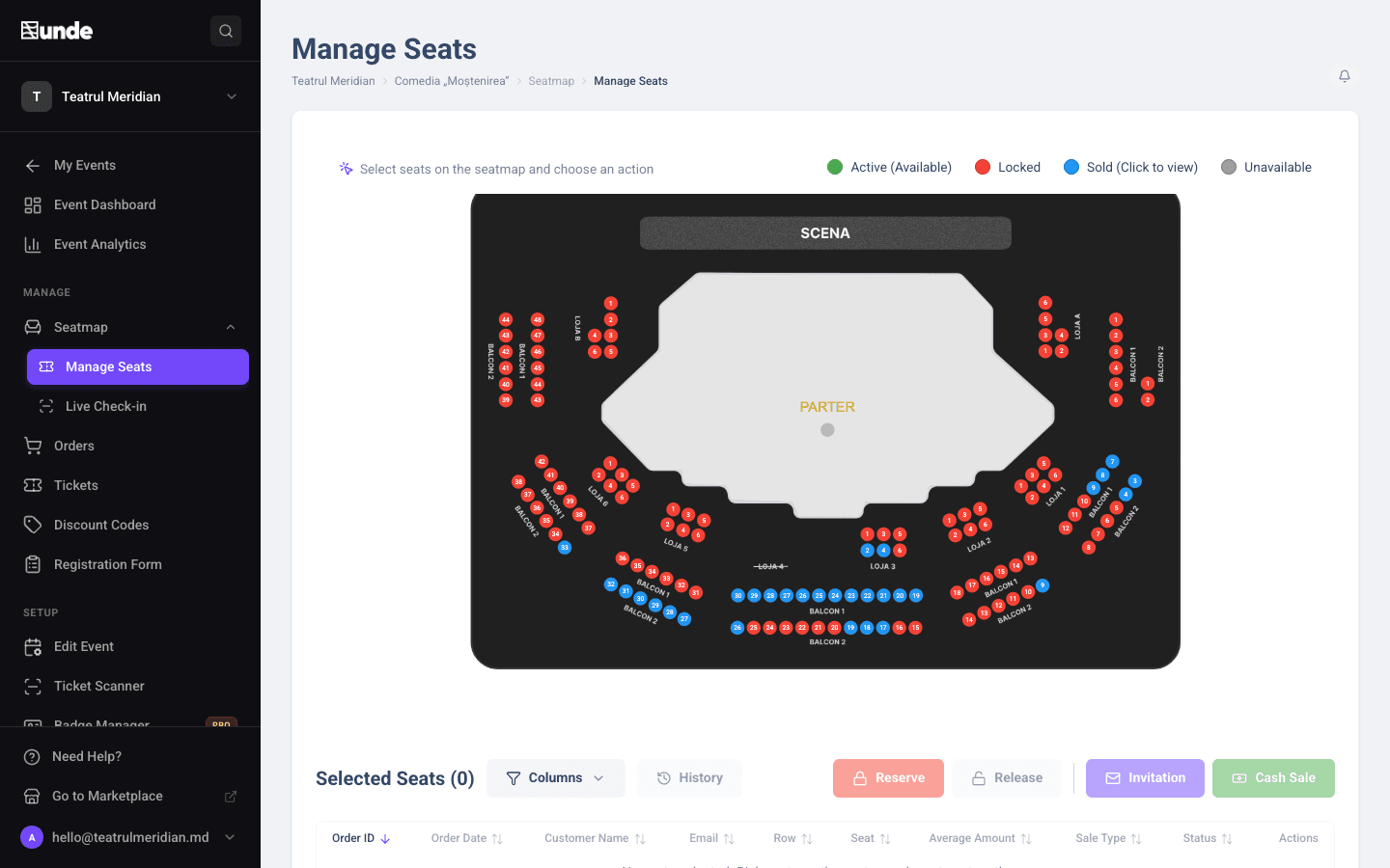 A theatre seat map in unde CRM with sold, locked and available seats
