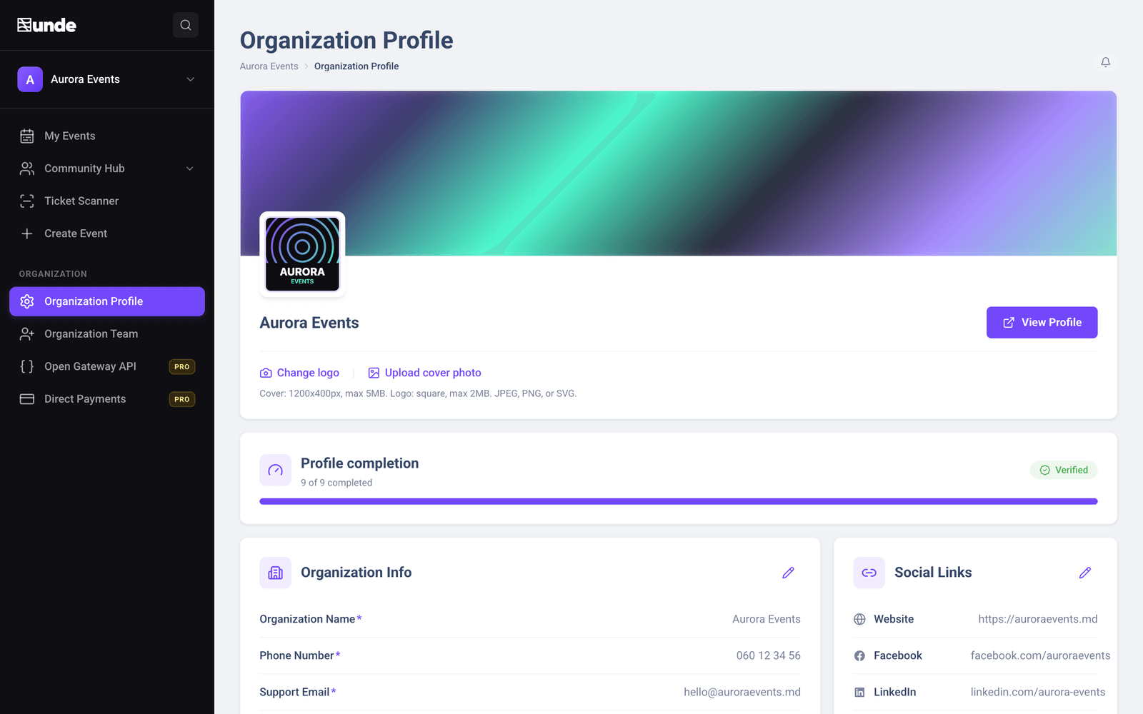 An organization profile in unde CRM: logo, cover, completion checklist and the company details