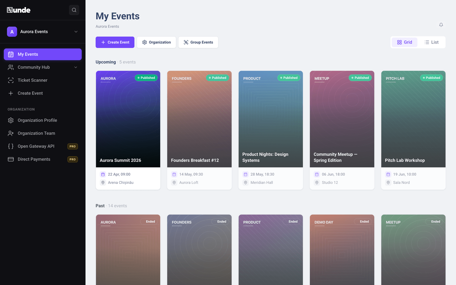 An organization's event list in unde CRM: upcoming and past events, each with its poster, date and venue