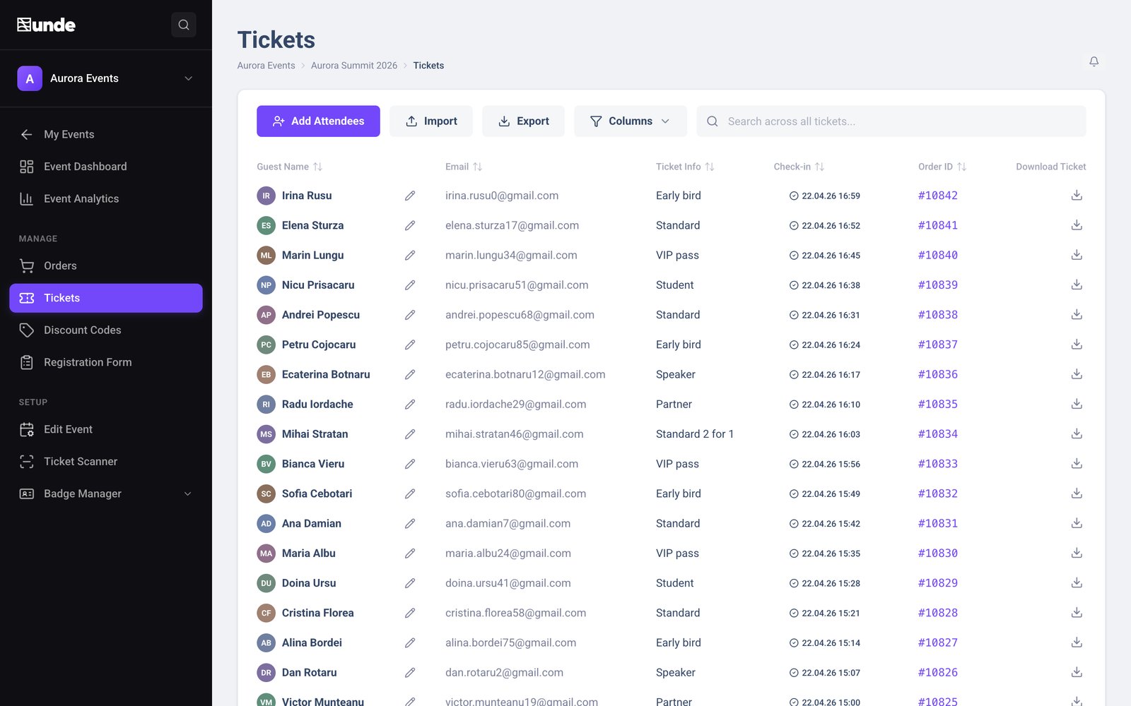 The tickets list in unde CRM: guests with email, ticket type, check-in time and PDF download