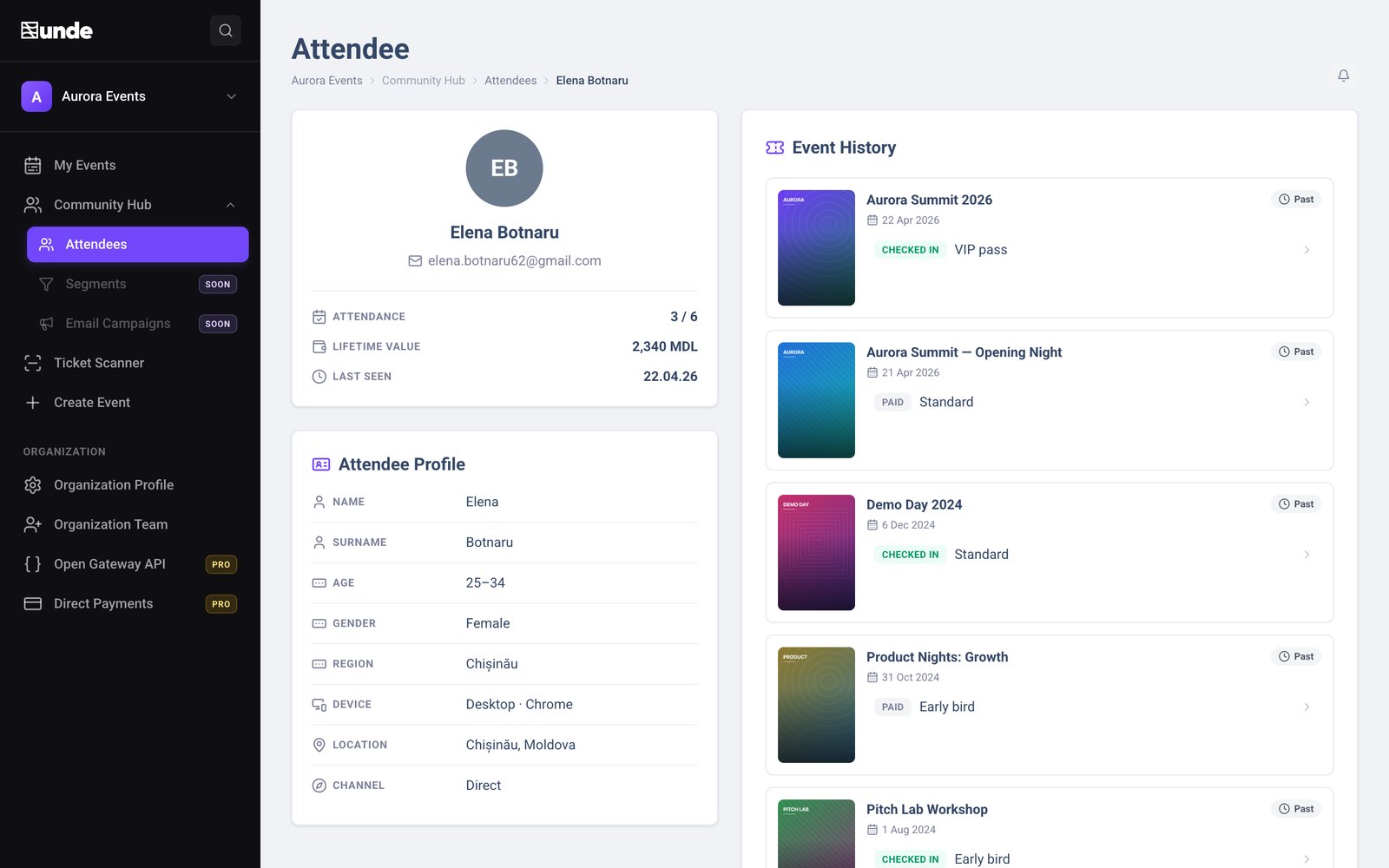 A single attendee in unde CRM: their registration-form answers and their full event history