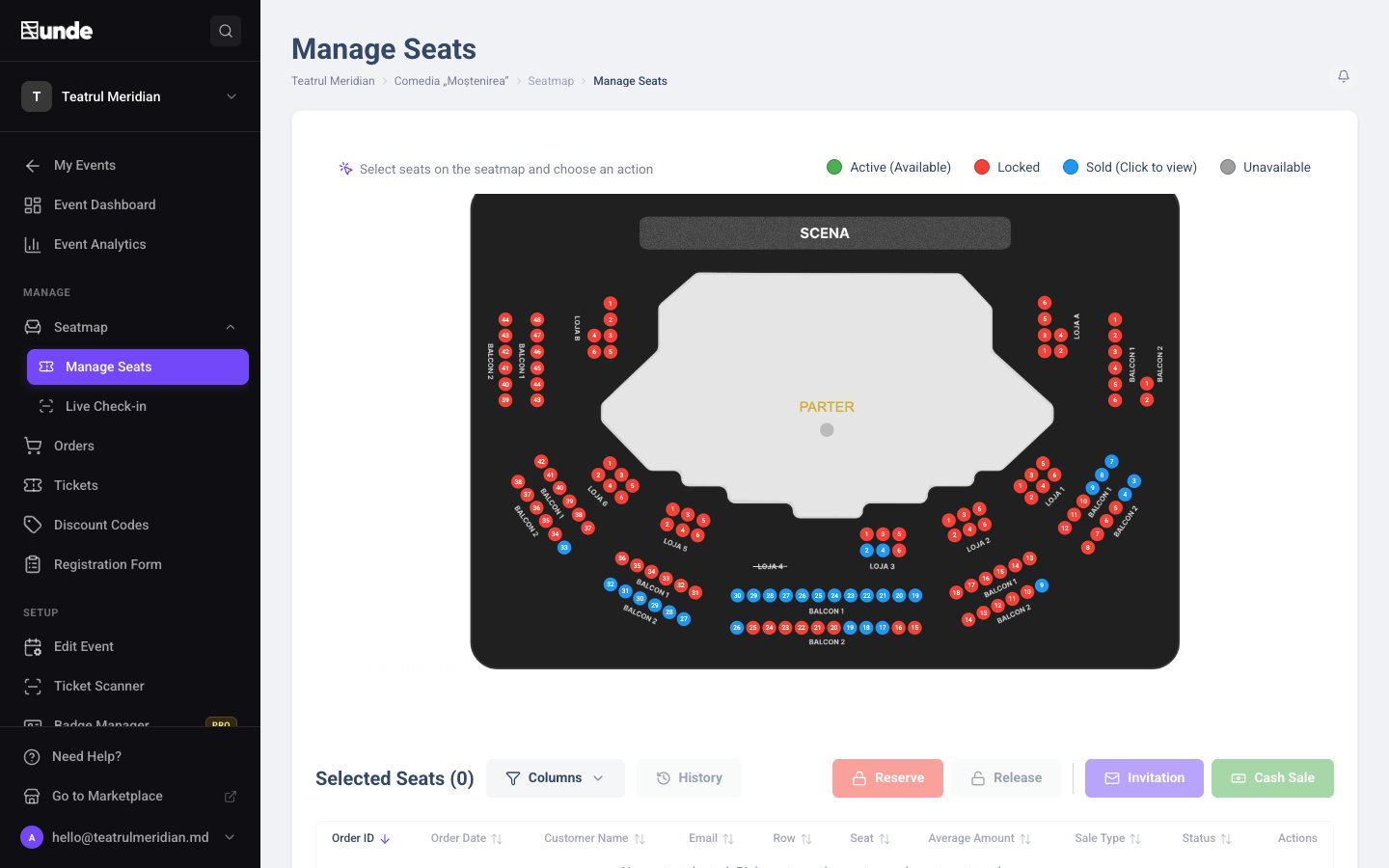 A theatre seat map in unde CRM with sold, locked and available seats