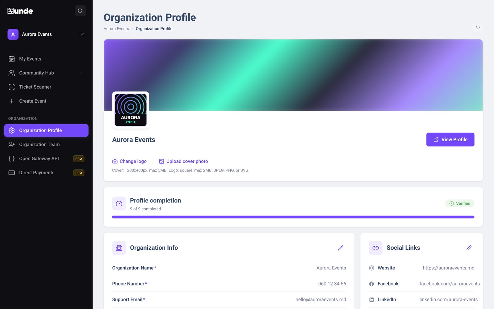 An organization profile in unde CRM: logo, cover, completion checklist and the company details